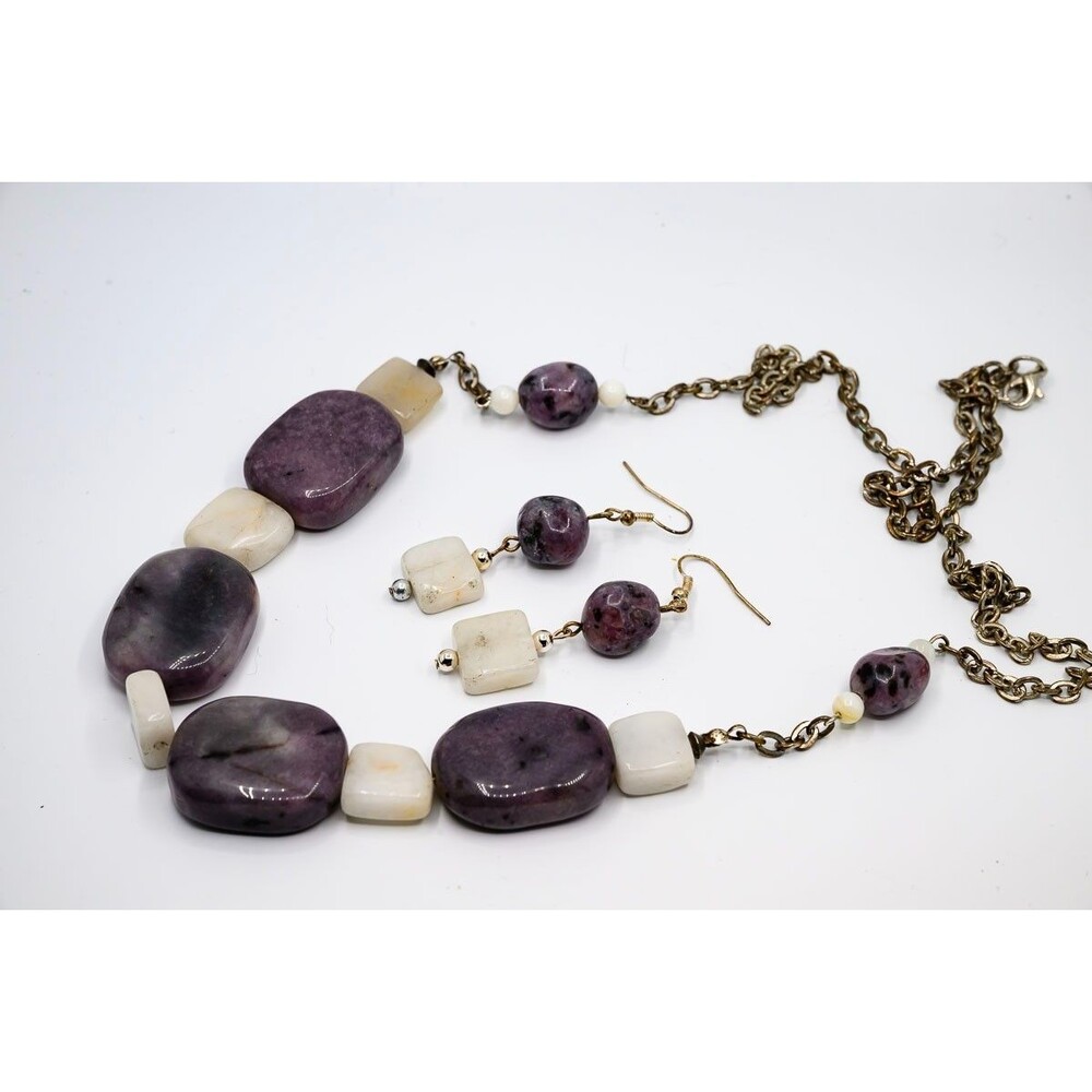 Chunky Purple Stone Beaded Necklace Earrings Set